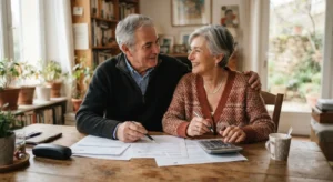 Couple de retraités consultant des documents pour le calcul de la majoration enfants Agirc-Arrco.