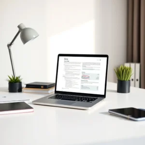 Un bureau propre avec un ordinateur portable affichant des documents administratifs et fiscaux symbolisant la réception de l'avis d'impôt