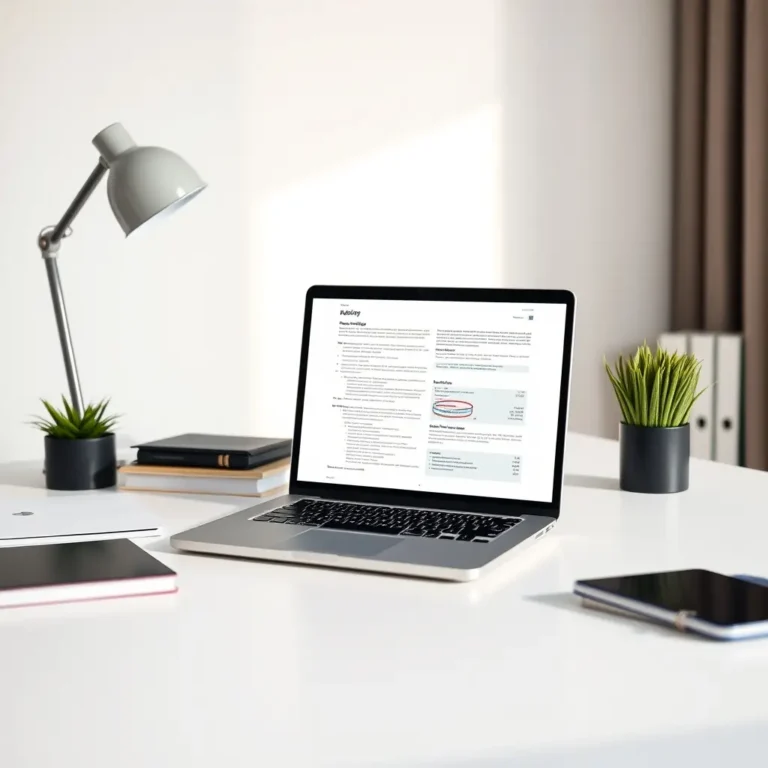 Un bureau propre avec un ordinateur portable affichant des documents administratifs et fiscaux symbolisant la réception de l'avis d'impôt
