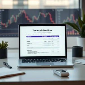 Personne remplissant sa déclaration de revenus en ligne sur un ordinateur portable, entourée de documents financiers.