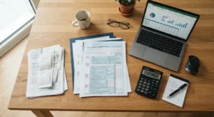 Personne remplissant sa declaration de revenus en ligne avec des recus de dons sous les yeux