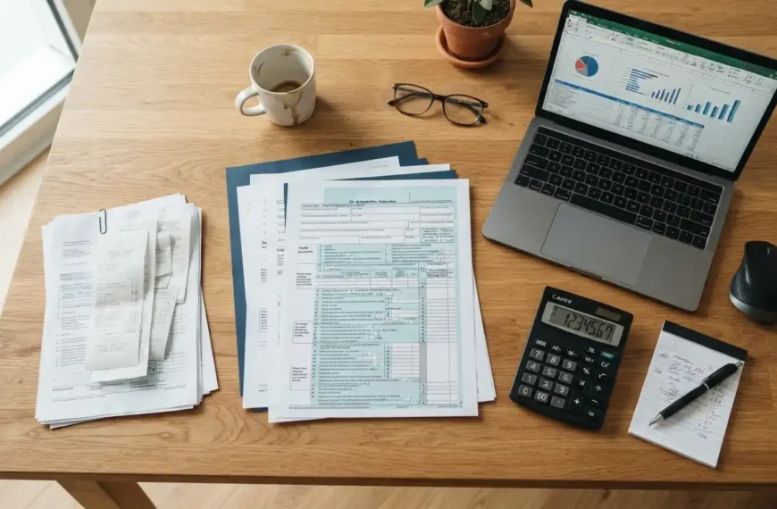 Personne remplissant sa declaration de revenus en ligne avec des recus de dons sous les yeux