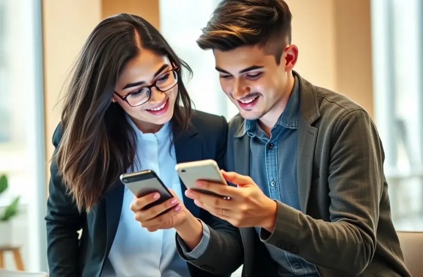 Un adolescent qui consulte son compte bancaire sur un smartphone avec un parent.