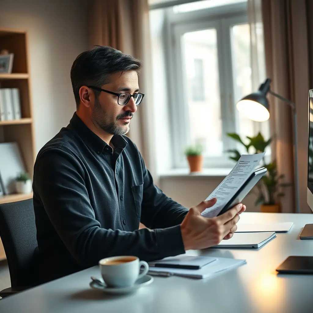 Consultation des recours bancaires et du droit au compte Personne consultant un document bancaire sur une tablette dans une pièce lumineuse