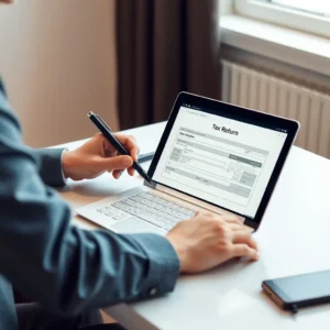 Personne remplissant sa déclaration de revenus en ligne sur un ordinateur portable