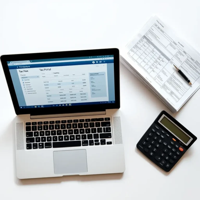 Formulaire de declaration de revenus sur ordinateur avec un clavier et des documents fonciers