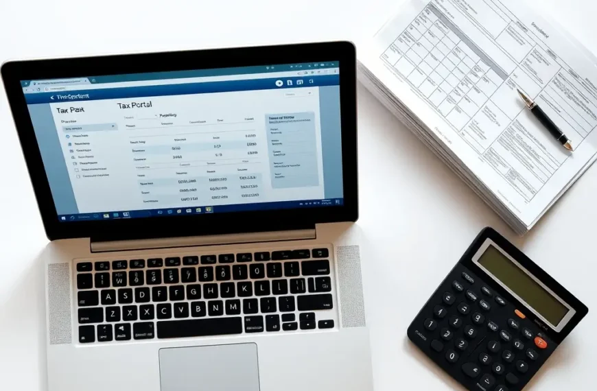 Formulaire de declaration de revenus sur ordinateur avec un clavier et des documents fonciers