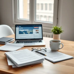 Bureau organisé avec un ordinateur portable et des documents administratifs pour une demande de pension de réversion.