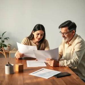 Un jeune adulte et ses parents discutent de documents administratifs et fiscaux sur une table.
