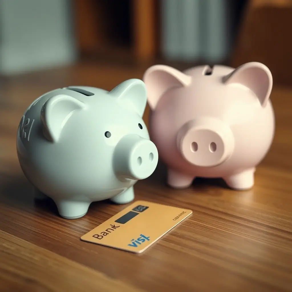 Épargne et carte bancaire pour jeune Une tirelire moderne et une carte bancaire posées sur une table en bois.