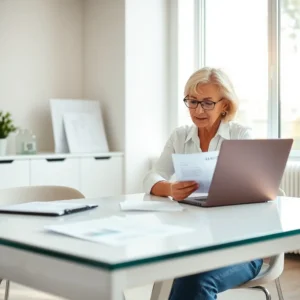 Une femme active consultant des documents sur ordinateur portable