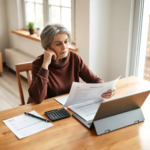 Une femme à sa table vérifiant ses documents de retraite personnelle et de pension de réversion