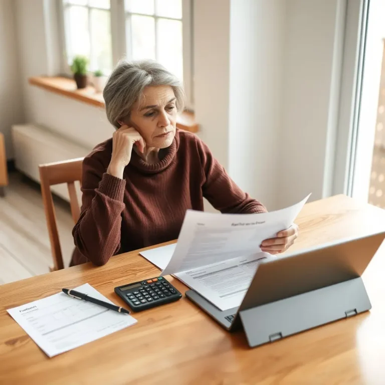 Une femme à sa table vérifiant ses documents de retraite personnelle et de pension de réversion