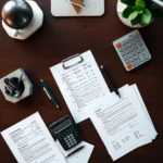 Gestion de documents financiers et bancaires sur un bureau professionnel