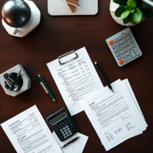 Gestion de documents financiers et bancaires sur un bureau professionnel
