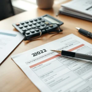 Formulaire 2042 de déclaration des revenus imprimé sur une table avec une calculette et un stylo