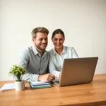 Deux personnes gèrent leurs comptes et leur budget familial sur un ordinateur portable et des documents bancaires