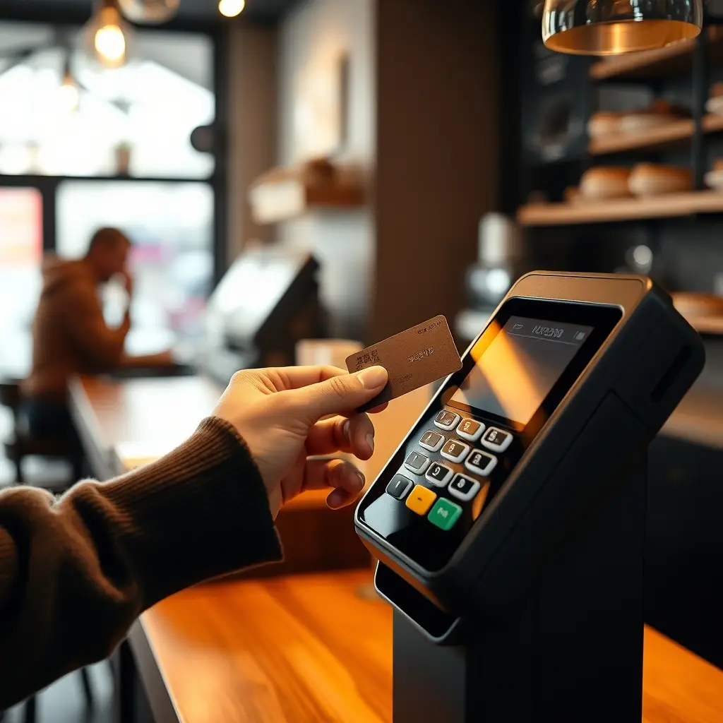 Paiement par carte bancaire sans contact chez un commerçant Une personne effectuant un paiement sans contact chez un commerçant avec sa carte bancaire