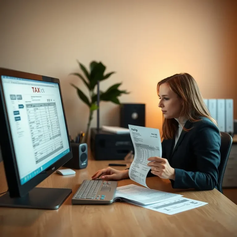 Un contribuable vérifie ses bulletins de paie devant son ordinateur pour sa déclaration de revenus