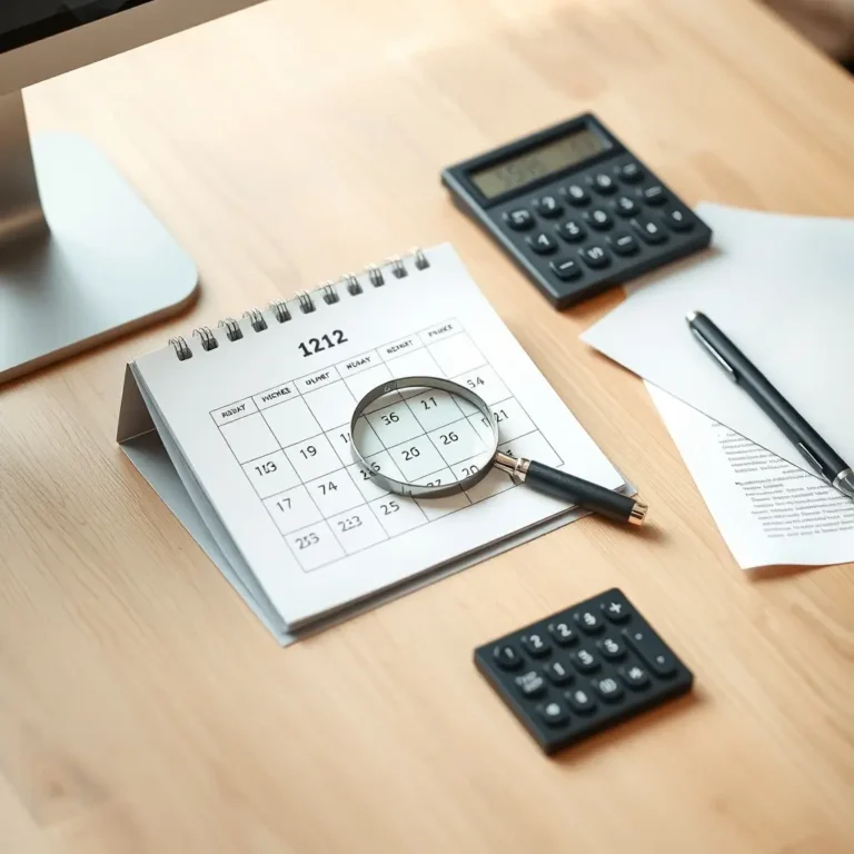 Calendrier fiscal et loupe sur un bureau en bois pour la déclaration d'impôts
