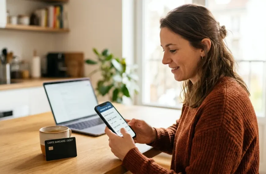 Personne consultant son compte bancaire sur une application mobile à la maison.