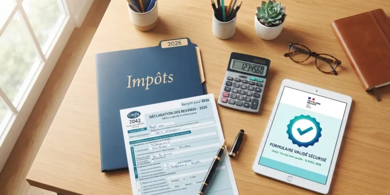 Documents organisés sur un bureau pour la déclaration de revenus en ligne.