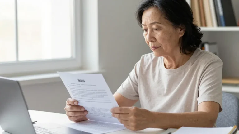 Femme consultant des documents administratifs après un refus de pension de réversion.