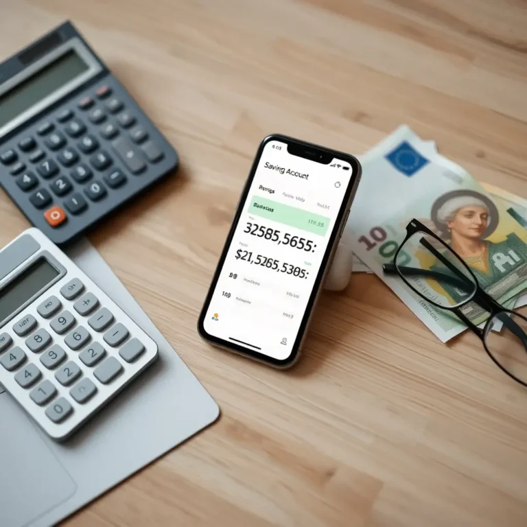 Une calculatrice, des billets en euros et un téléphone affichant un compte d'épargne sur un bureau