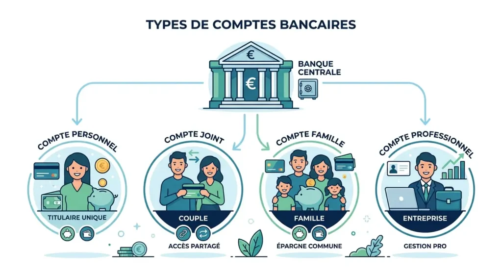 Schéma illustrant les différents types de comptes bancaires : individuel, joint, indivis et professionnel