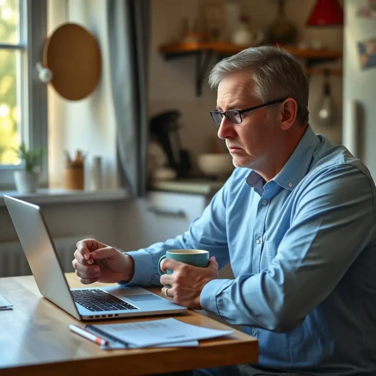 Une personne consulte son budget sur un ordinateur portable à la table de la cuisine, air soucieux