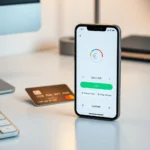 Carte bancaire gratuite posée à côté d'un smartphone affichant une application bancaire.