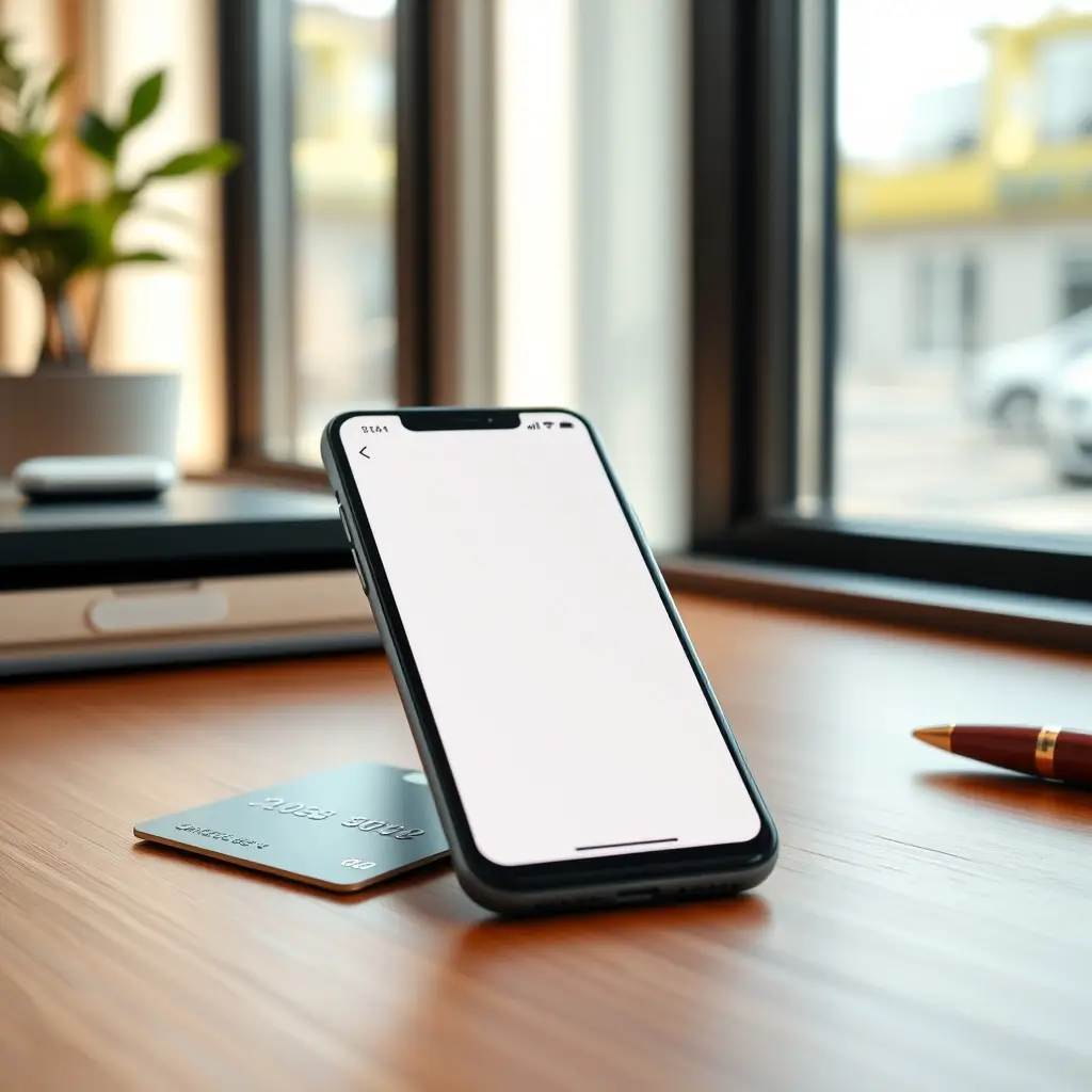 Gestion de budget et souscription de compte bancaire en ligne Smartphone affichant une application de banque en ligne posé à côté d'une carte bancaire sur un bureau