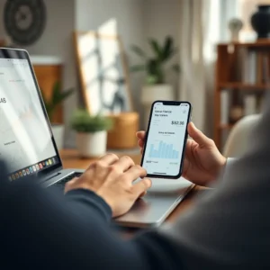 Personne effectuant une opération bancaire en ligne sur un ordinateur portable et un téléphone