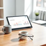 Une tablette numérique affichant des graphiques financiers posée à côté d'une tasse de café sur un bureau moderne, symbolisant la gestion d'une banque en ligne.