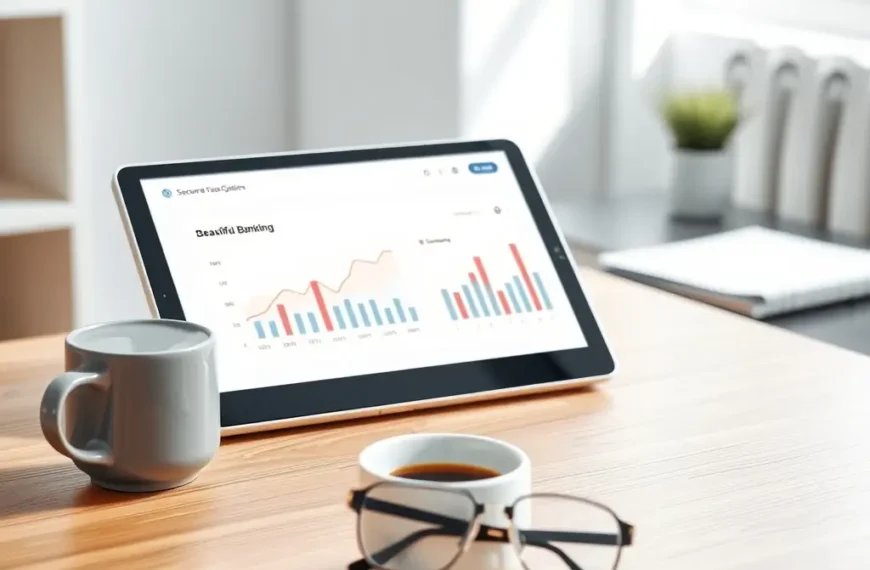 Une tablette numérique affichant des graphiques financiers posée à côté d'une tasse de café sur un bureau moderne, symbolisant la gestion d'une banque en ligne.