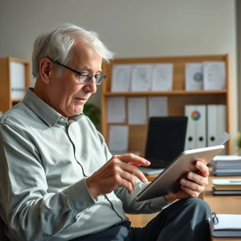 Personne âgée regardant un document de pension sur une tablette
