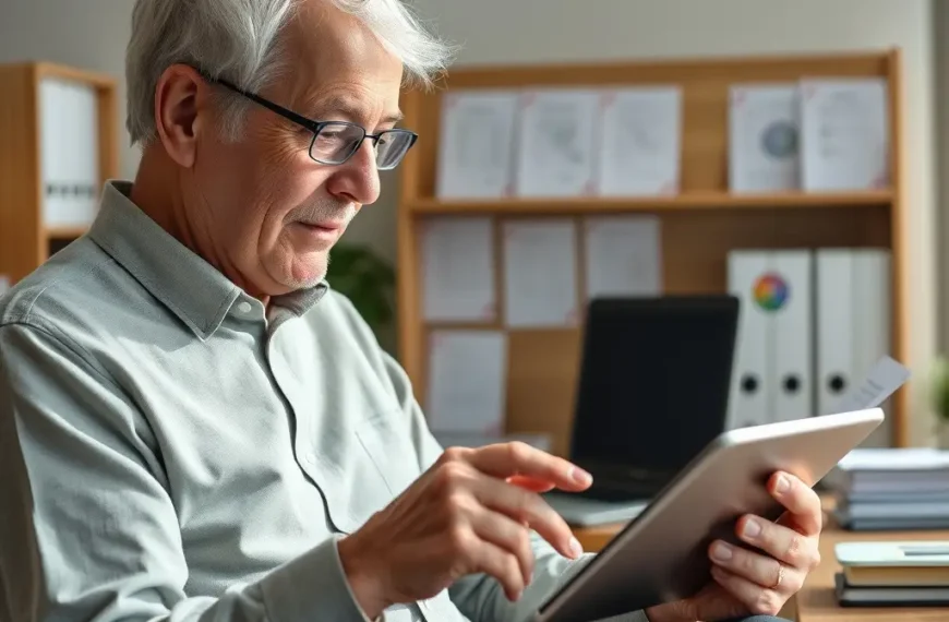 Personne âgée regardant un document de pension sur une tablette